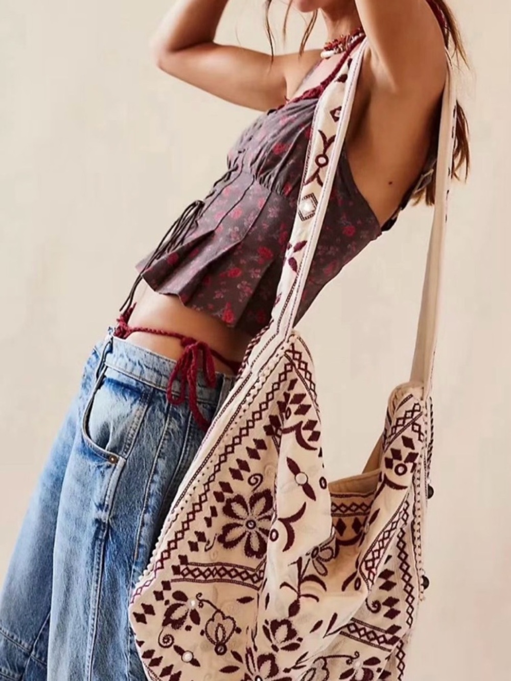 Bohemian Embroidered Canvas Hobo Bag in Cream and Brown
